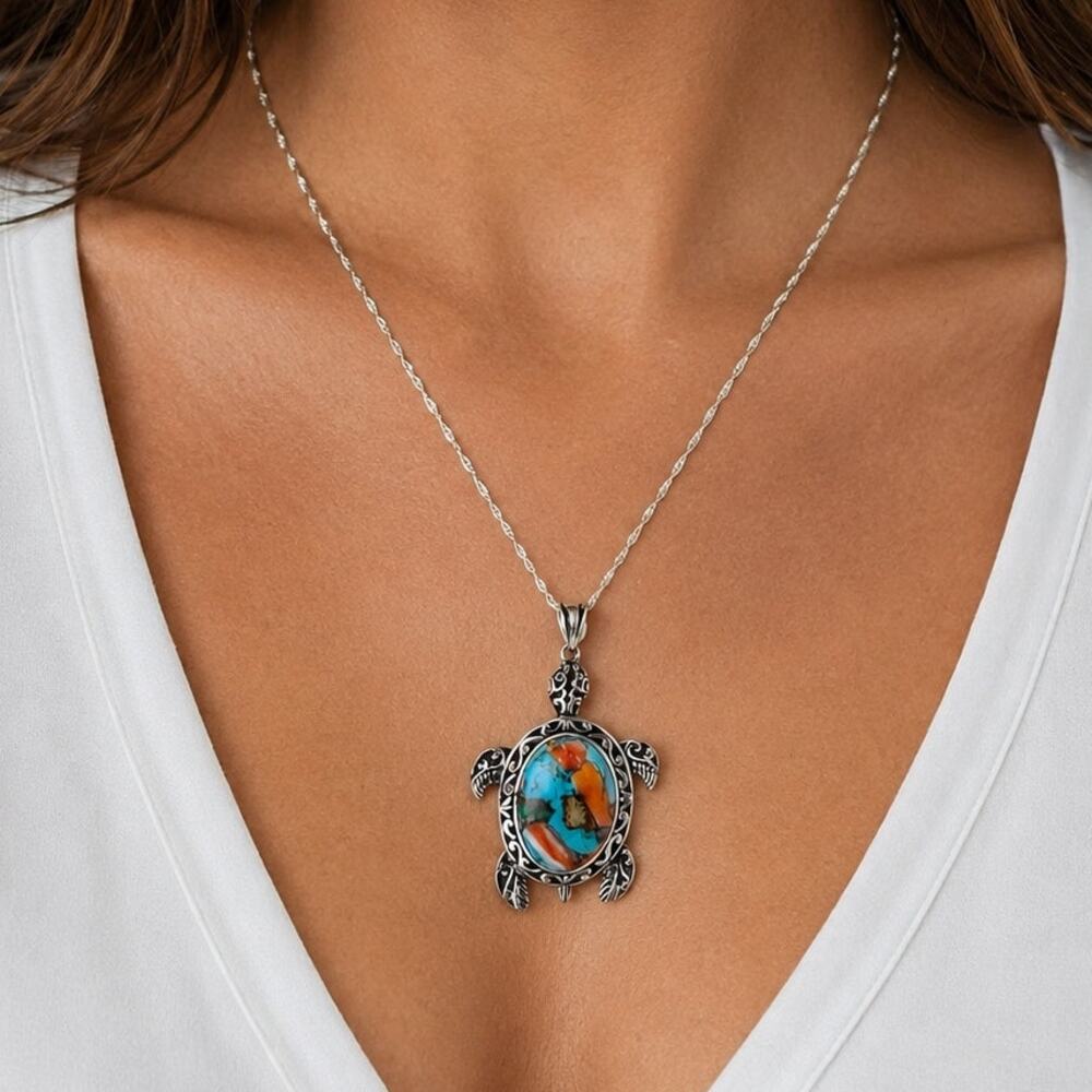 BBJ Southwest Oyster Shell Turquoise Sterling Silver Turtle Pendant Necklace